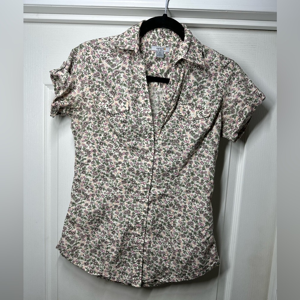Carhartt Women's Floral Printed Camp shirt Pink and Green Floral Shirt Size S